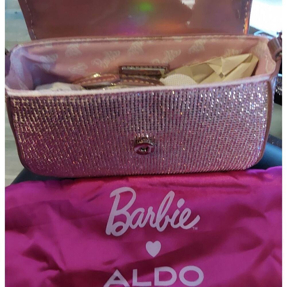 NEW~Aldo Barbie Pink Glitter Rhinestone Heart Accent Handbag Purse - Picture 5 of 11